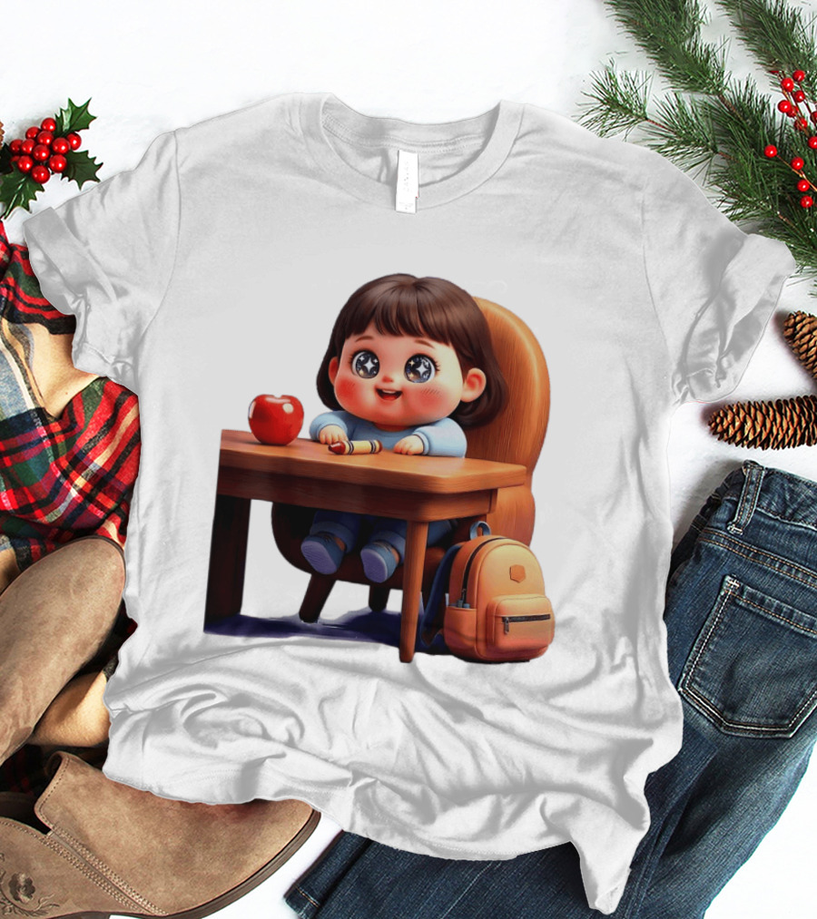 Cartoon Girl With Apple Backpack At Desk T-Shirt