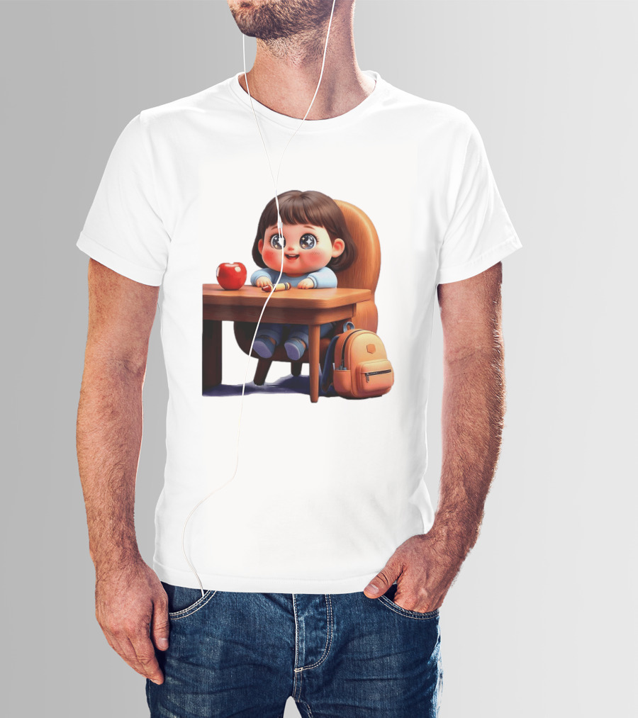 Cartoon Girl With Apple Backpack At Desk T-Shirt