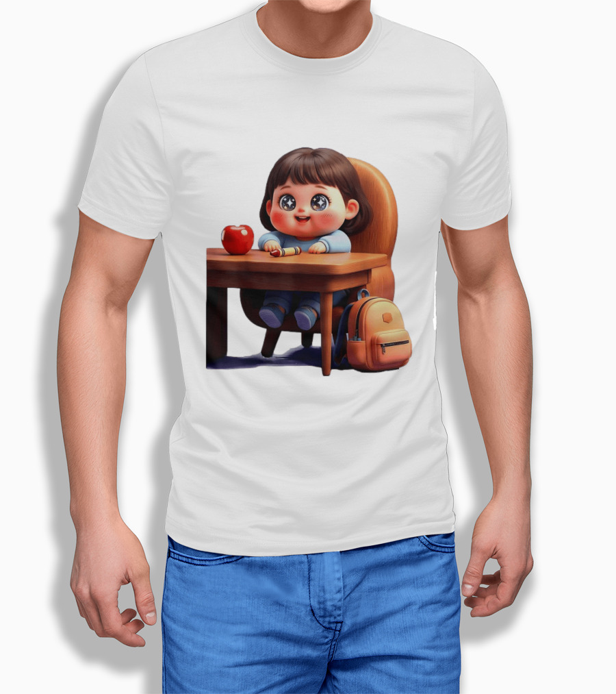 Cartoon Girl With Apple Backpack At Desk T-Shirt