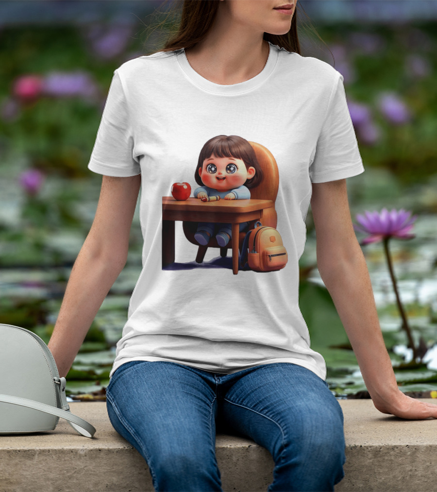 Cartoon Girl With Apple Backpack At Desk T-Shirt