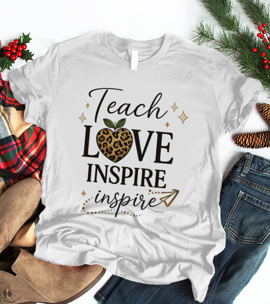 Teach Love Inspire Leopard Apple Heart Inspire T-Shirt