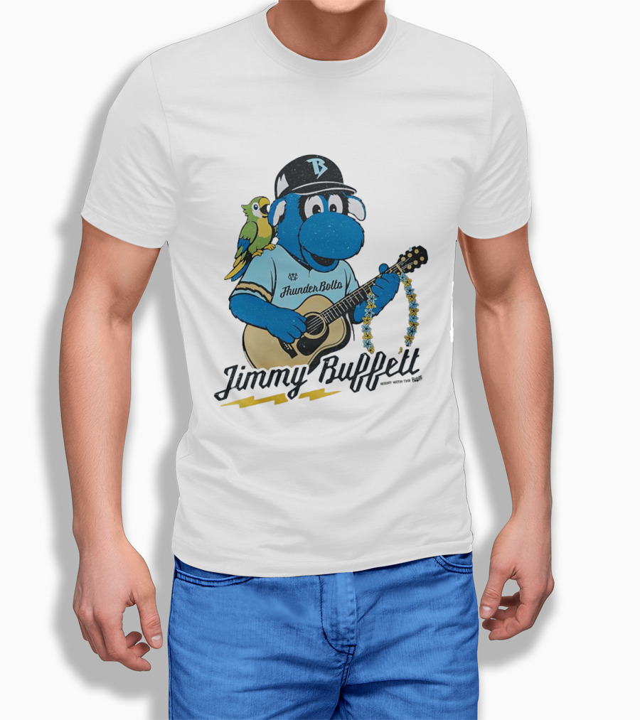 Jimmy Buffett Thunder Bolts Parrot Baseball Mascot Playing Guitar T-Shirt