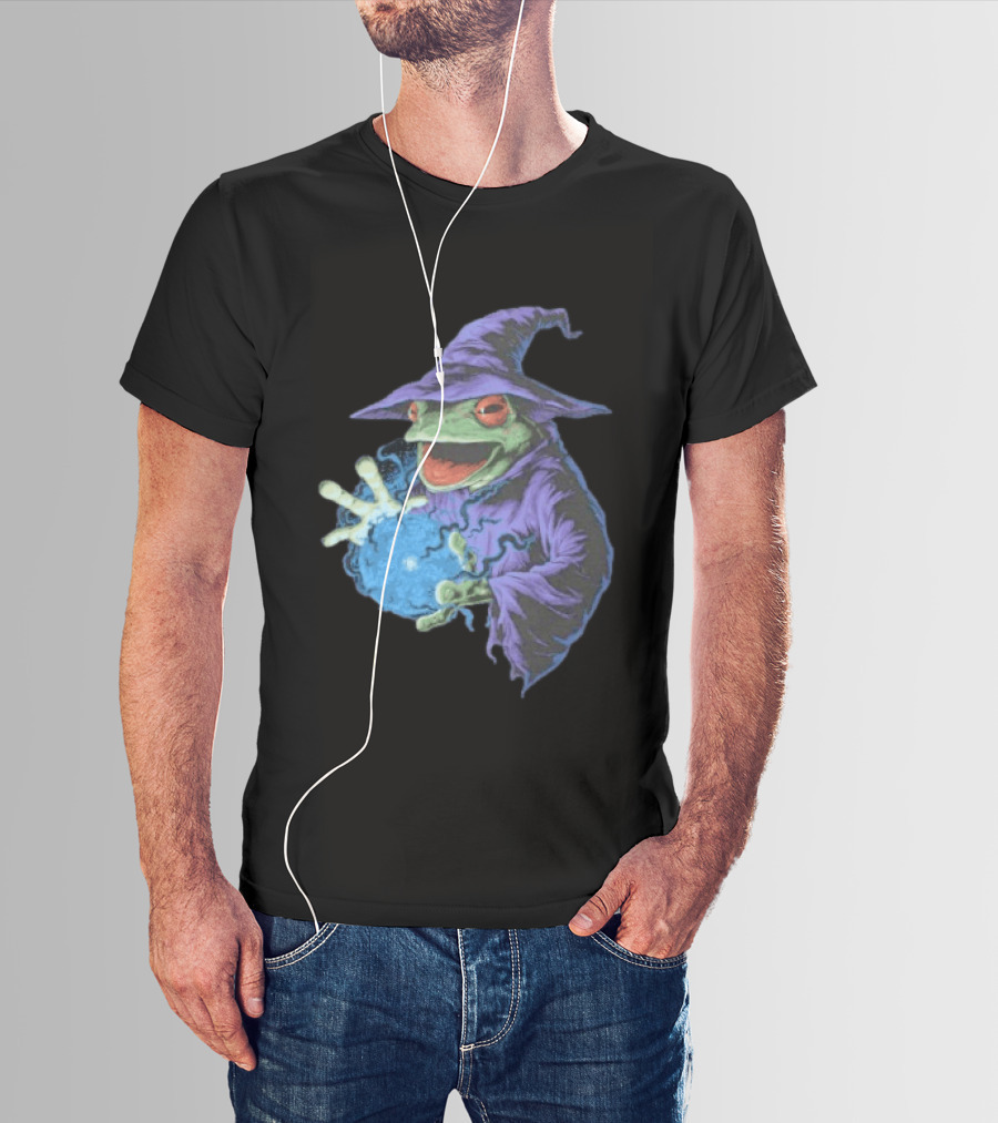 Wizard Frog In Purple Robe Casting Blue Magic Spell T-Shirt