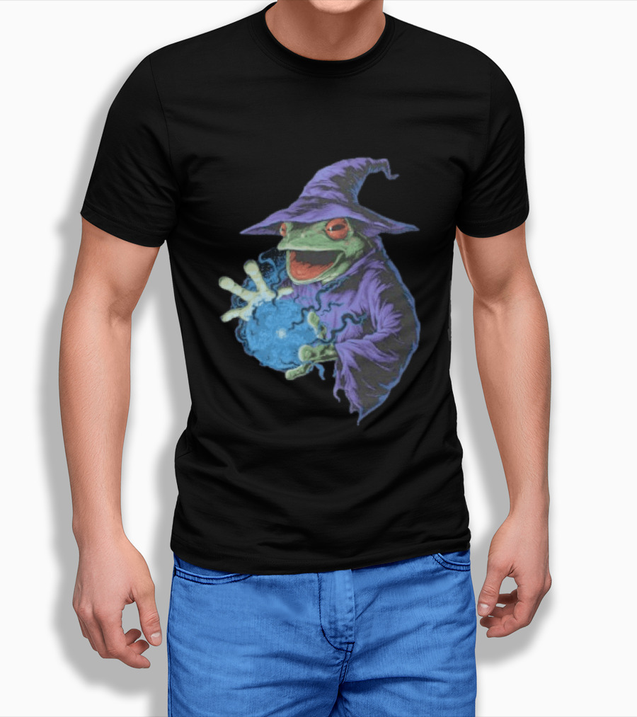 Wizard Frog In Purple Robe Casting Blue Magic Spell T-Shirt