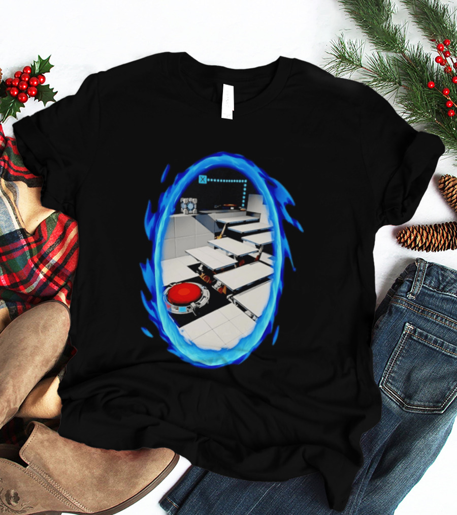 Portal Weighted Companion Cube Aperture Science Test Chamber Blue Portal Steps T-Shirt