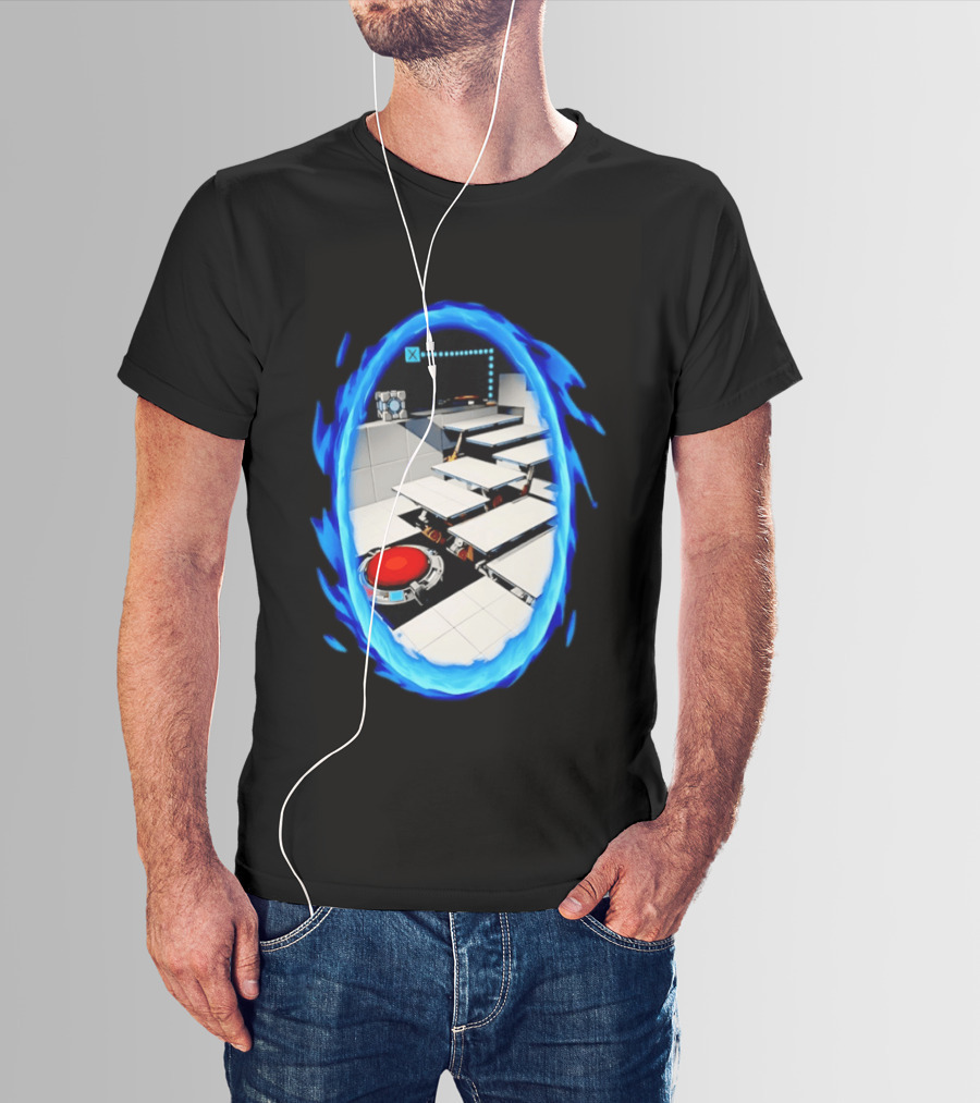 Portal Weighted Companion Cube Aperture Science Test Chamber Blue Portal Steps T-Shirt