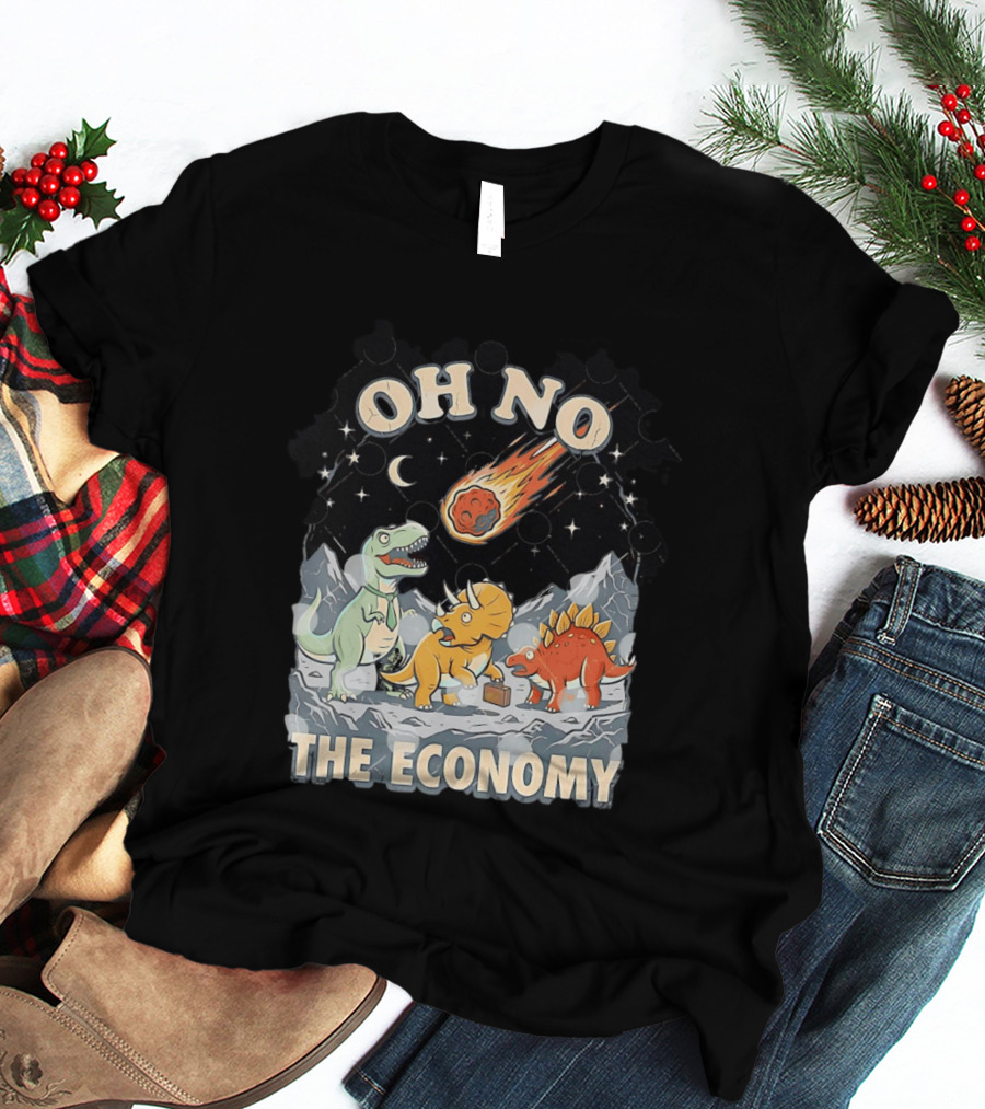 Oh No The Economy Dinosaurs Meteor Cartoon Funny Design Dinosaur Comic T-Shirt