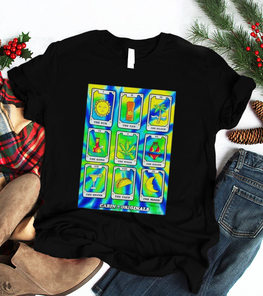 Cabin 7 Originals Tarot Cards Sun Tan Beach Bong Weed Bikini Drink Taco Moon T-Shirt