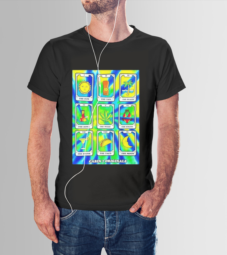 Cabin 7 Originals Tarot Cards Sun Tan Beach Bong Weed Bikini Drink Taco Moon T-Shirt