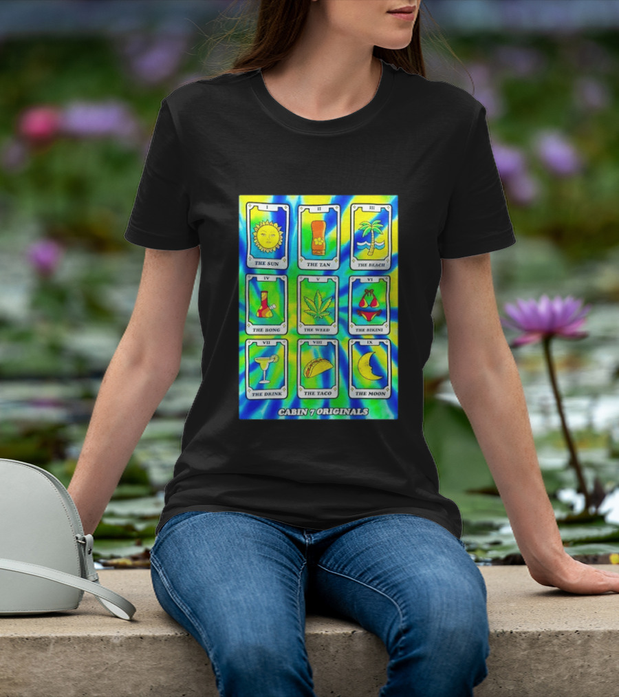 Cabin 7 Originals Tarot Cards Sun Tan Beach Bong Weed Bikini Drink Taco Moon T-Shirt