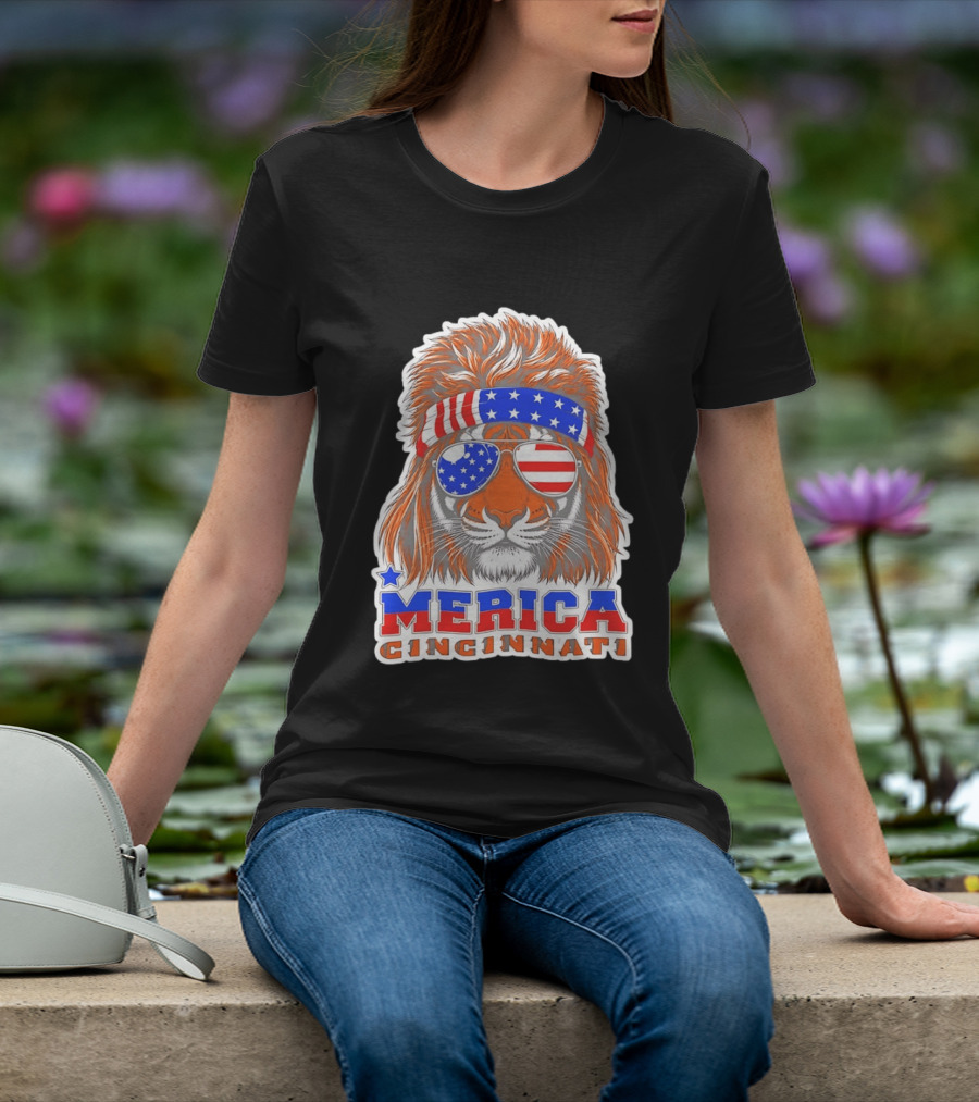 Cincinnati Merica Patriotic Tiger Mullet USA Flag T-Shirt