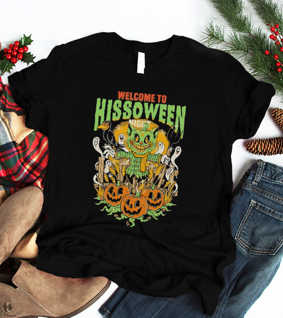 Welcome To Hissoween Night Cat Ghost Scarecrow Pumpkin T-Shirt