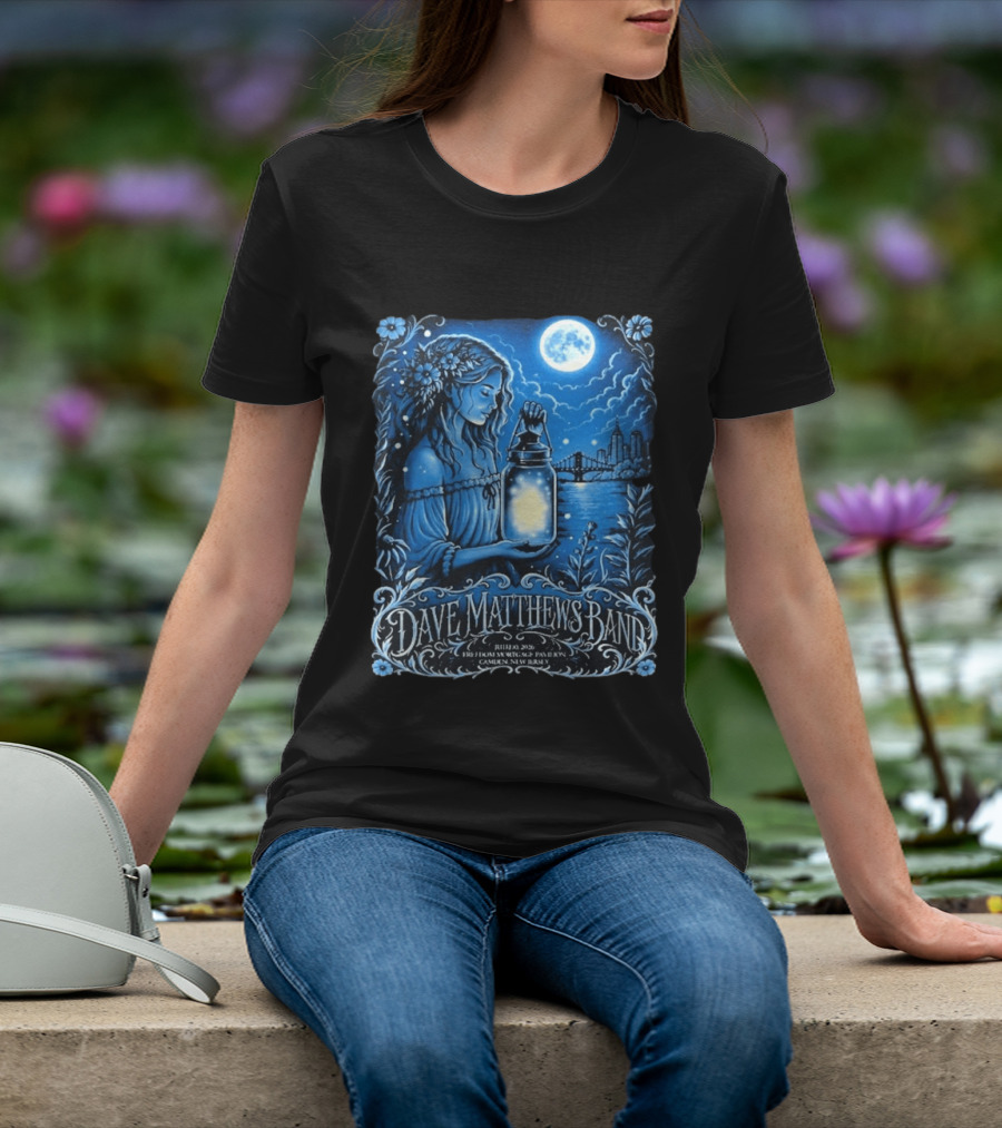Dave Matthews Band July 10 2026 Freedom Mortgage Pavilion Camden New Jersey Moonlit Lantern And City Skyline T-Shirt