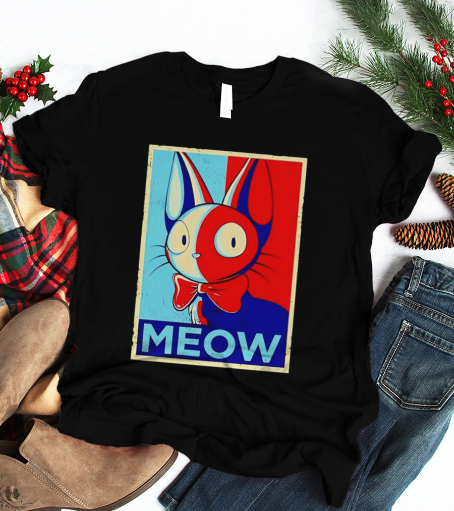 Meow Red Blue Cat Bow Tie T-Shirt
