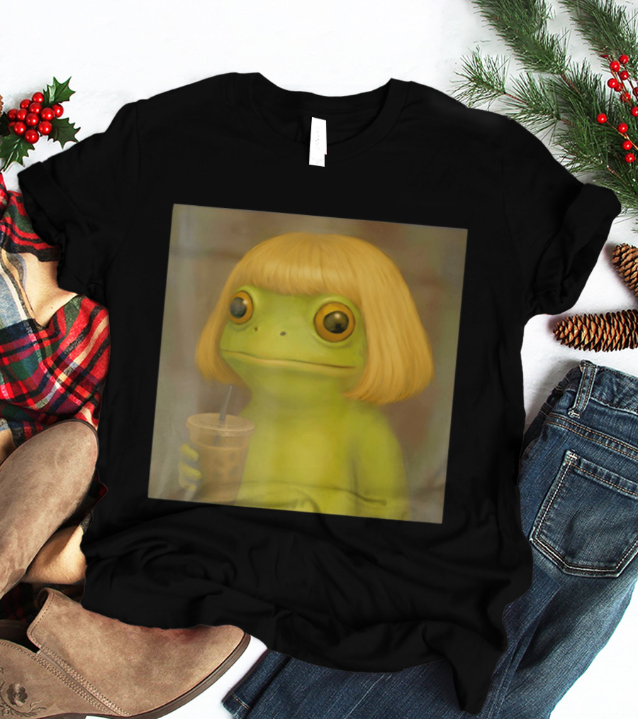 Blonde Wig Frog Holding Iced Coffee T-Shirt