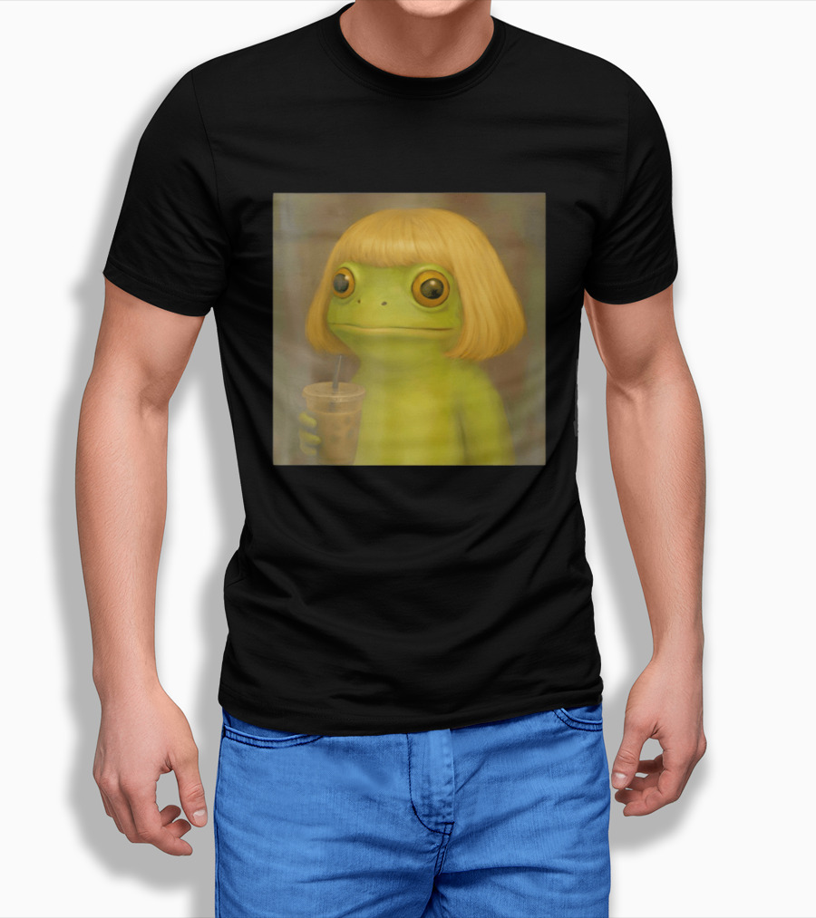 Blonde Wig Frog Holding Iced Coffee T-Shirt