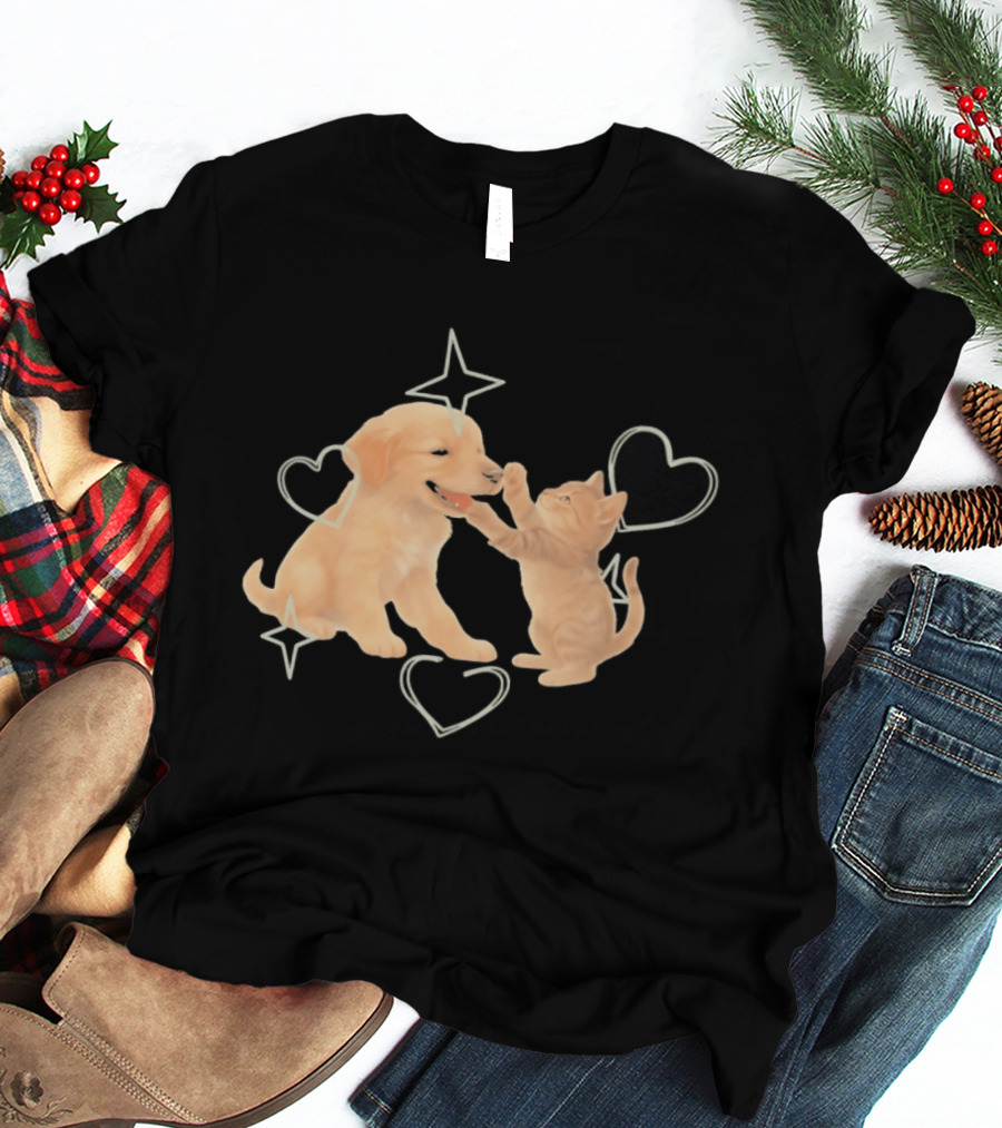Golden Retriever Puppy And Tabby Kitten Playing With Stars And Hearts T-Shirt