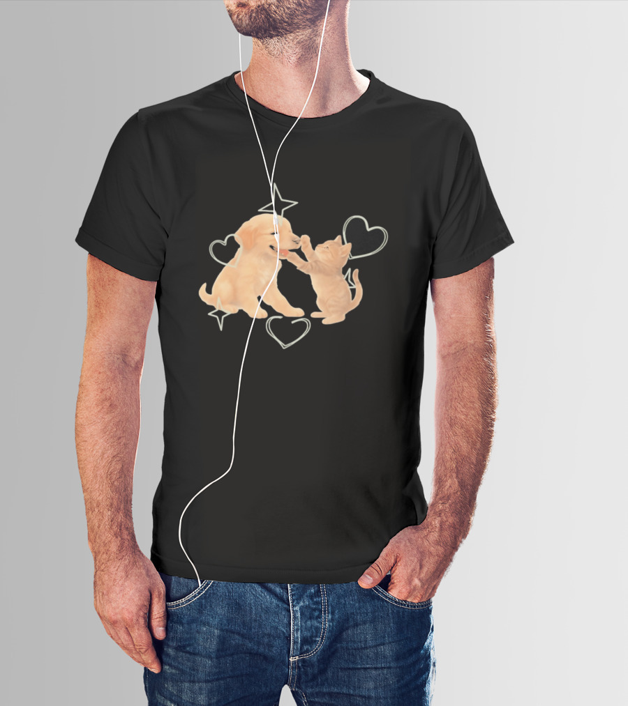 Golden Retriever Puppy And Tabby Kitten Playing With Stars And Hearts T-Shirt
