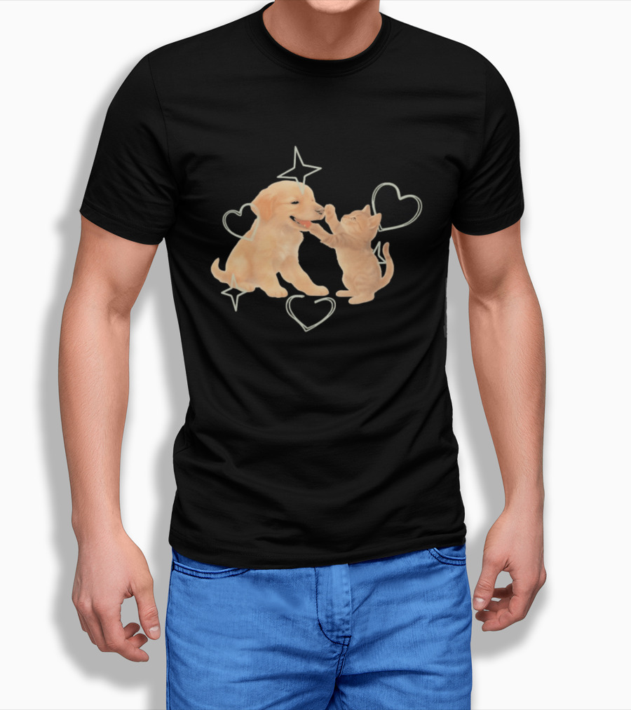 Golden Retriever Puppy And Tabby Kitten Playing With Stars And Hearts T-Shirt
