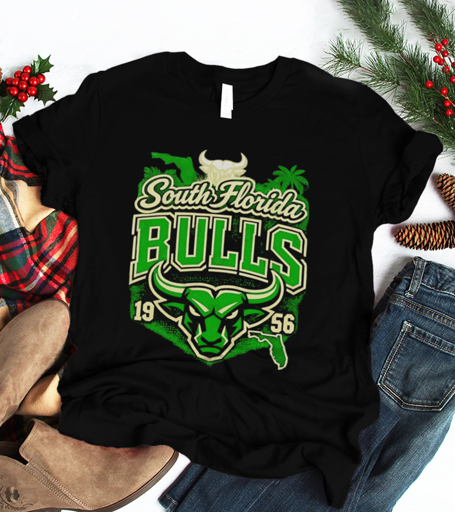 South Florida Bulls 1956 NCAA College Football Palm Tree Map Green Bull T-Shirt