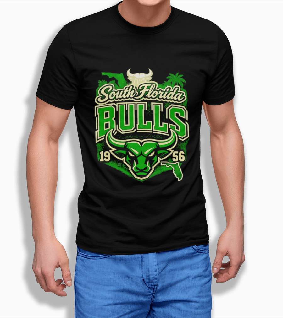 South Florida Bulls 1956 NCAA College Football Palm Tree Map Green Bull T-Shirt