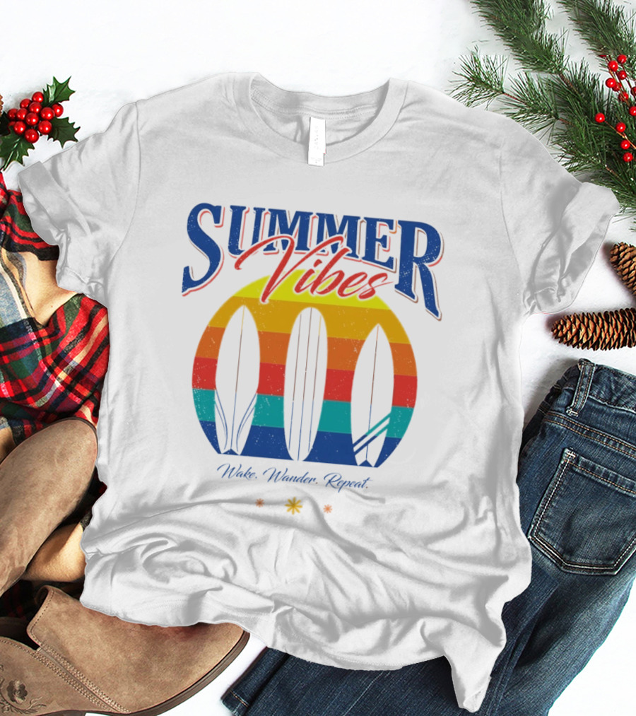 Summer Vibes Wake Wander Repeat Retro Surfboard Sunset T-Shirt