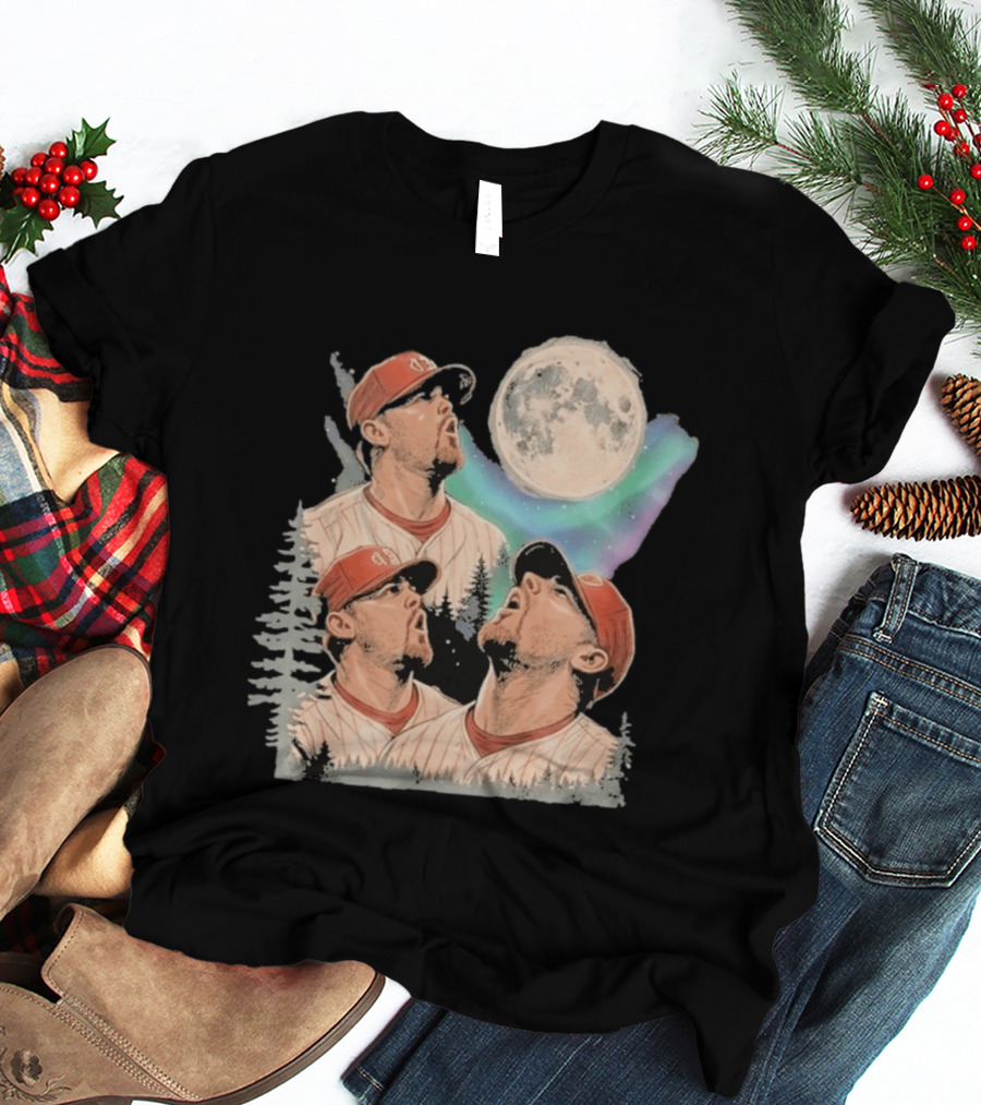 Three Howling Phillies 2026 Randy Wolf Meme Vintage Baseball Art Baseball Moon Forest T-Shirt