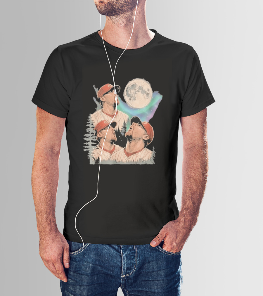 Three Howling Phillies 2026 Randy Wolf Meme Vintage Baseball Art Baseball Moon Forest T-Shirt