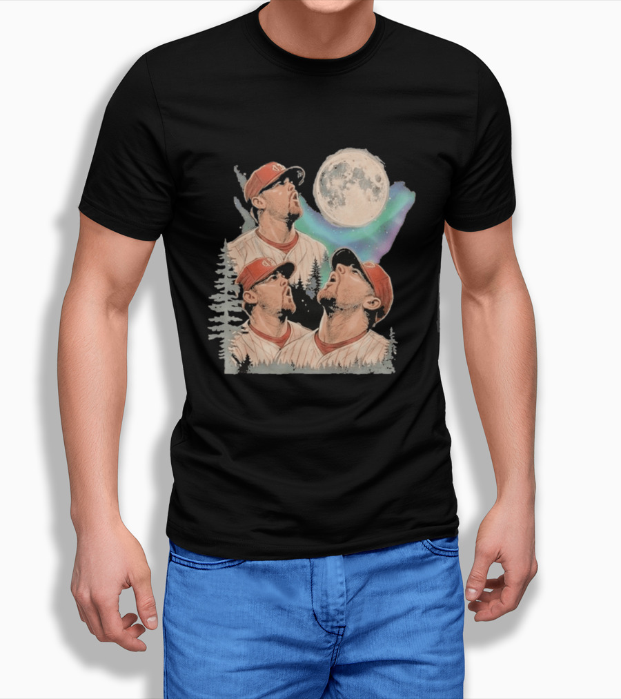 Three Howling Phillies 2026 Randy Wolf Meme Vintage Baseball Art Baseball Moon Forest T-Shirt