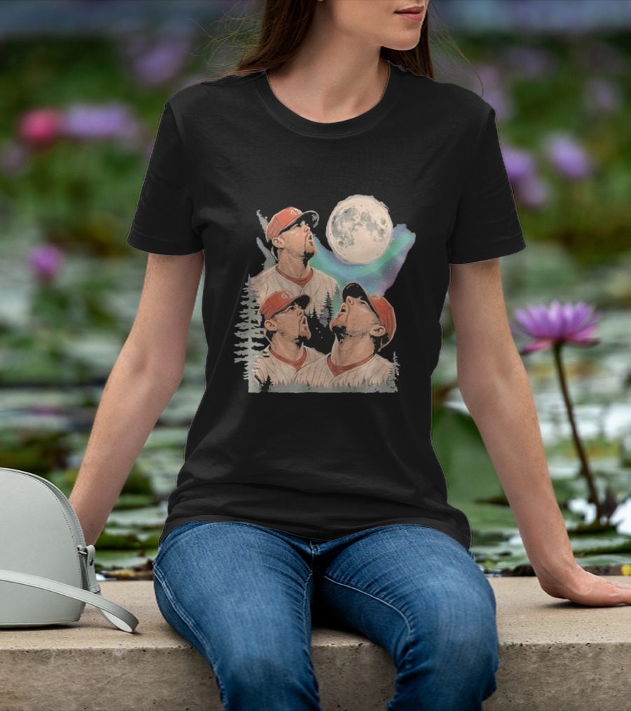 Three Howling Phillies 2026 Randy Wolf Meme Vintage Baseball Art Baseball Moon Forest T-Shirt