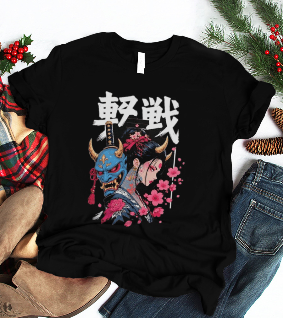 Japanese Oni Mask And Geisha With Cherry Blossoms Kanji T-Shirt