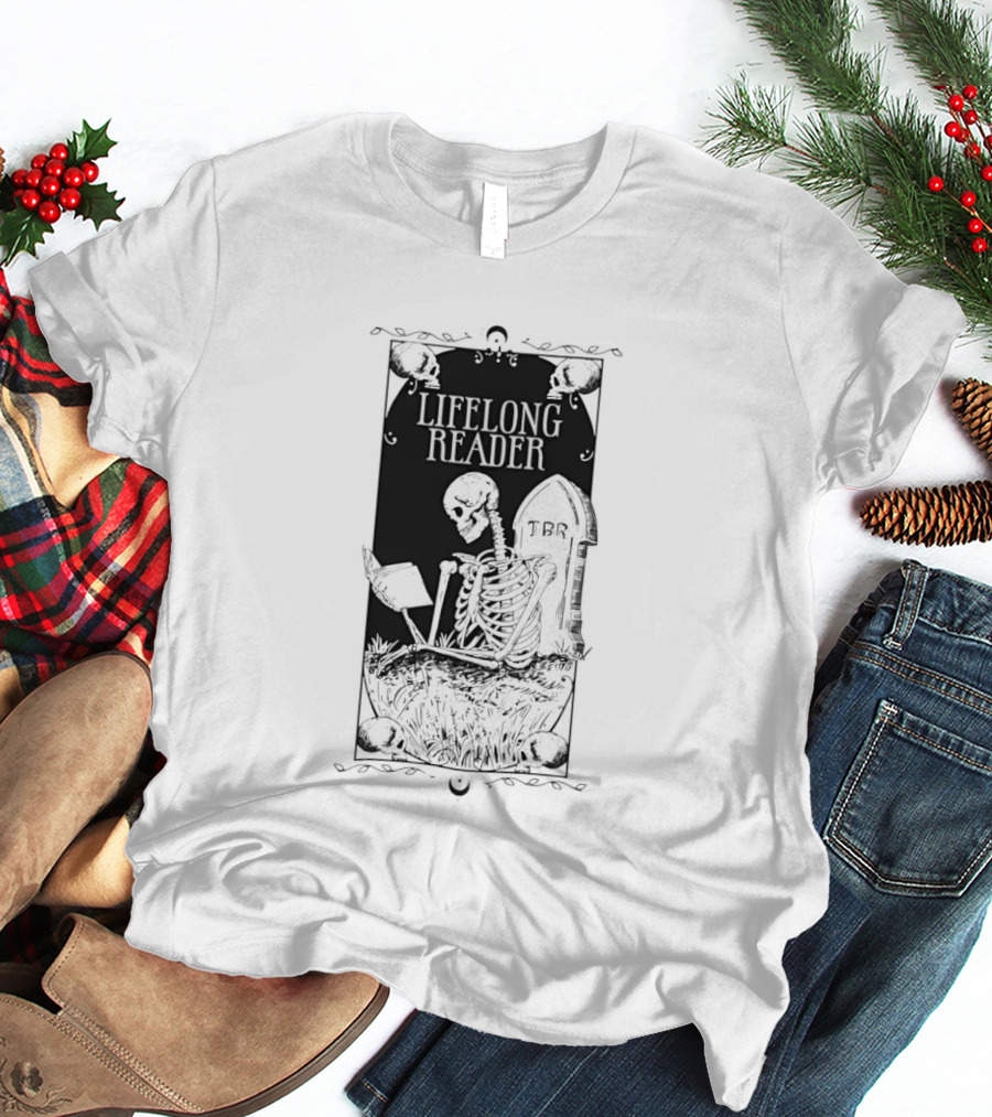 Lifelong Reader Skeleton With Book And Tombstone Retro Gothic T-Shirt