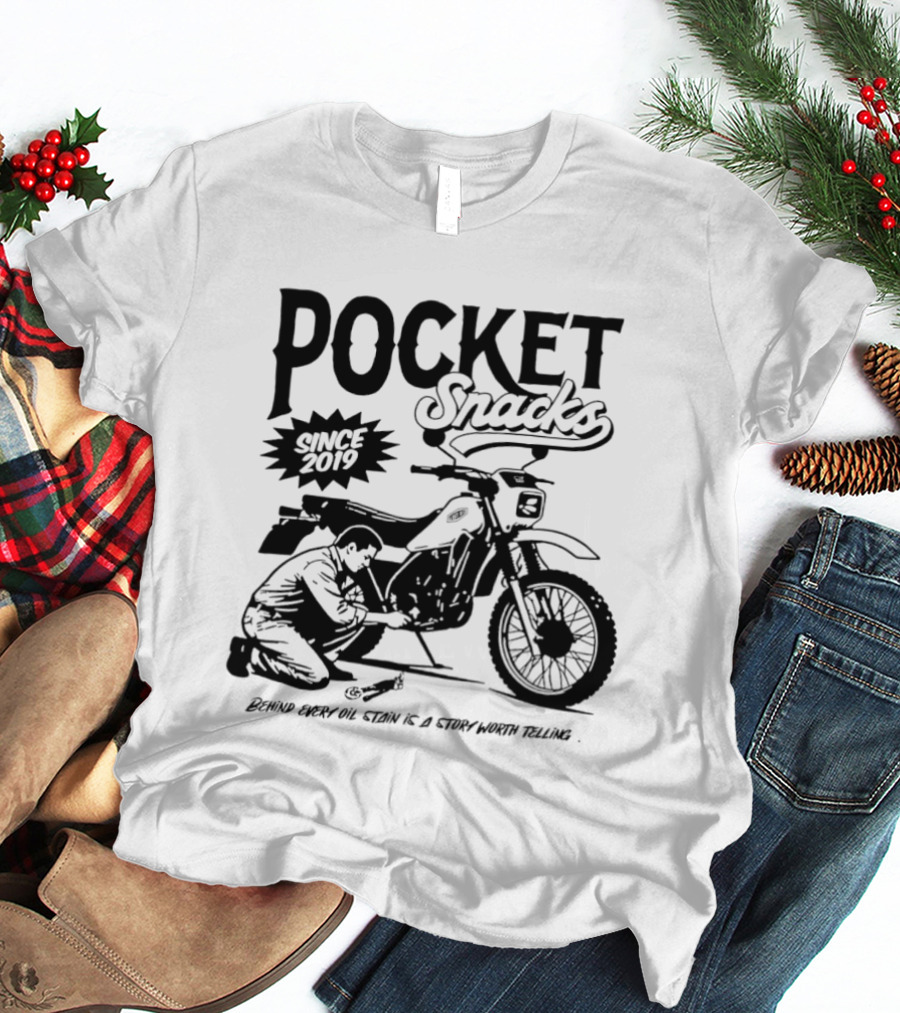 Pocket Snacks Since 2019 Motorcycle Mechanic Oil Stain T-Shirt
