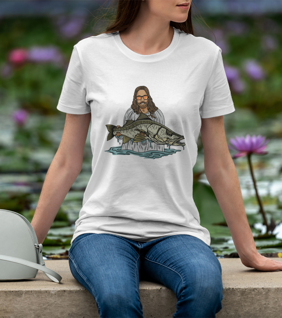 Jesus Holding Fish Like Jesus Fishing With Sunglasses T-Shirt