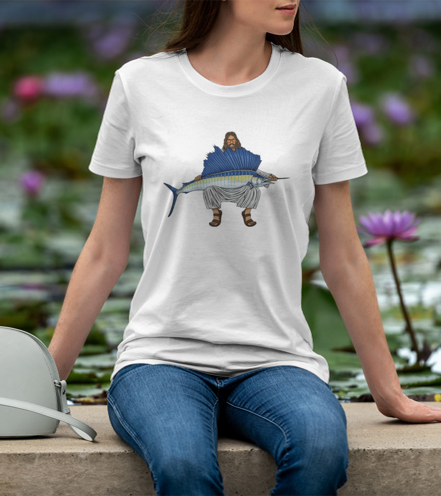 Jesus Holding Sailfish Fish Like Iconic Religious Savior T-Shirt