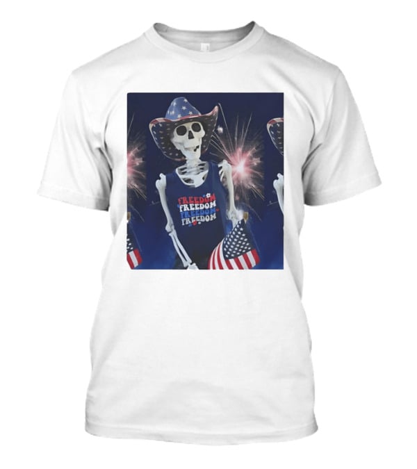 Freedom Skeleton Patriot With American Flag And Fireworks Fourth Of July T-Shirt