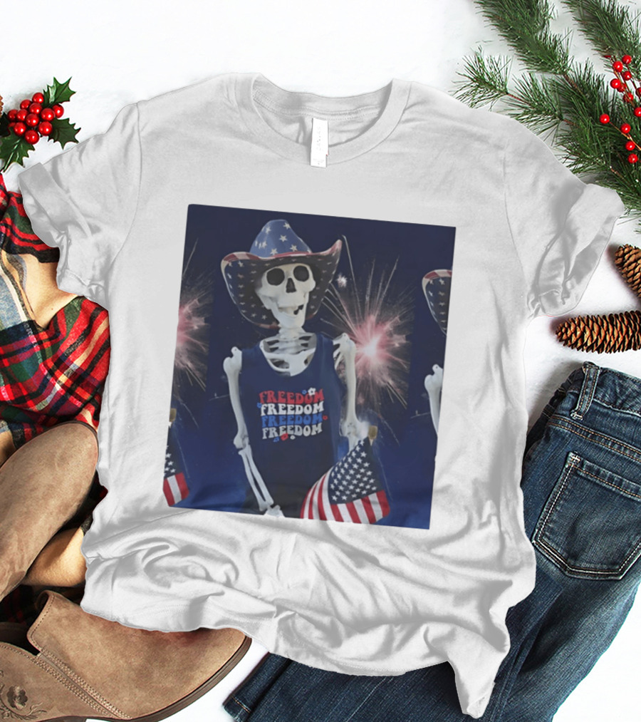 Freedom Skeleton Patriot With American Flag And Fireworks Fourth Of July T-Shirt