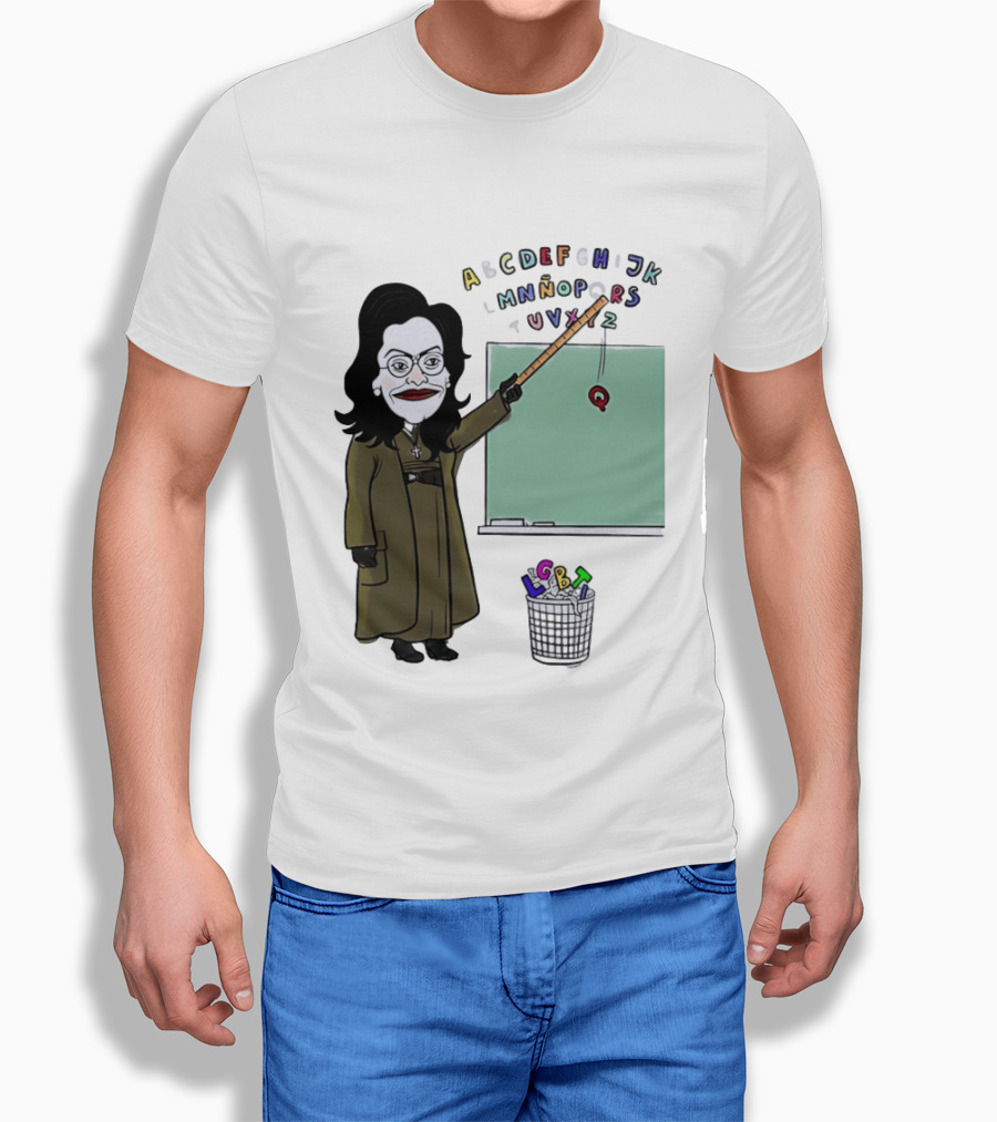 LGBTQ Alphabet Removal Cartoon Teacher With Chalkboard And Trash Bin T-Shirt