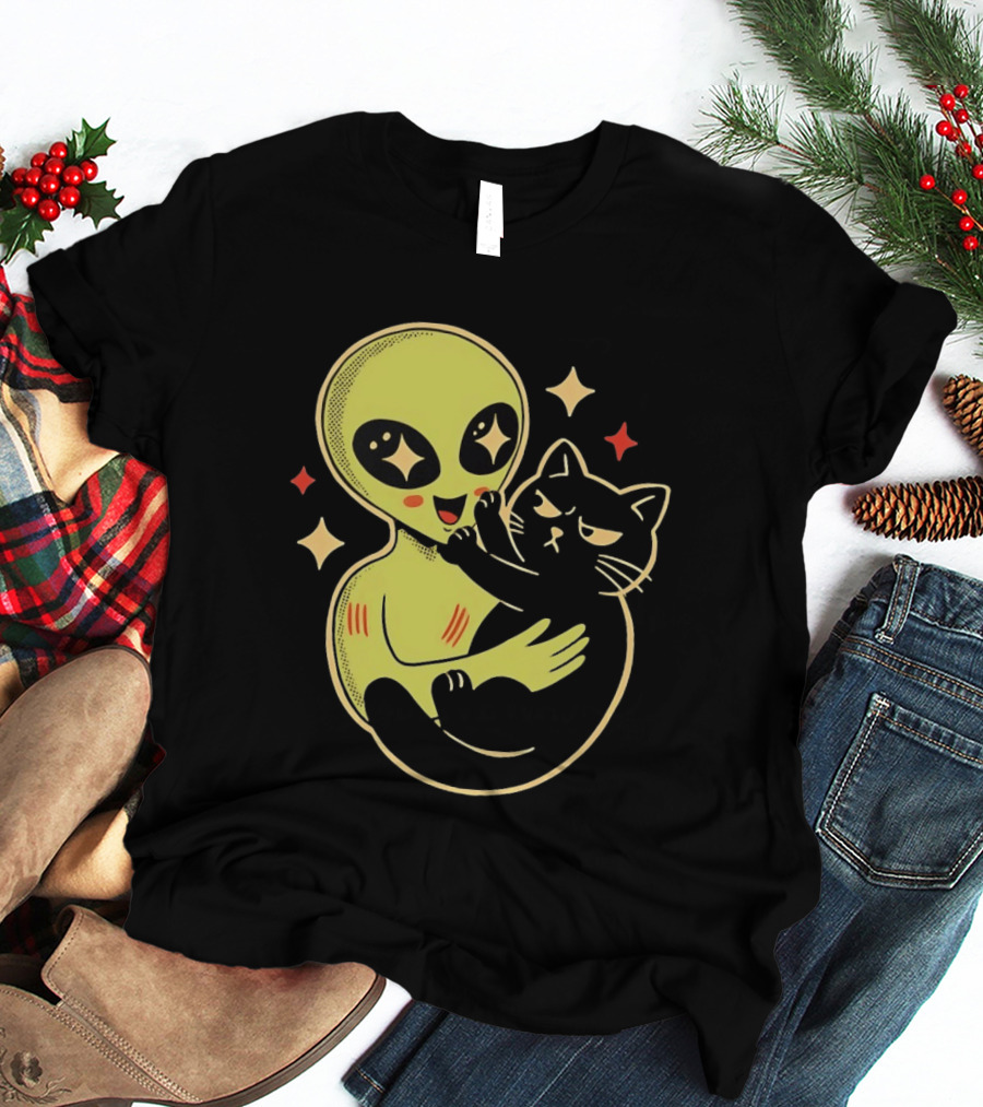 Alien Holding Grumpy Black Cat Surrounded By Stars T-Shirt