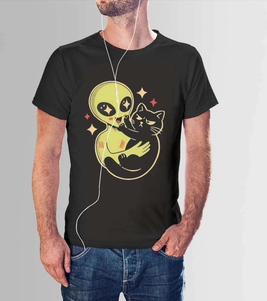 Alien Holding Grumpy Black Cat Surrounded By Stars T-Shirt