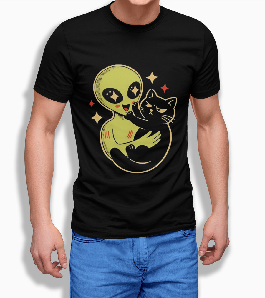 Alien Holding Grumpy Black Cat Surrounded By Stars T-Shirt