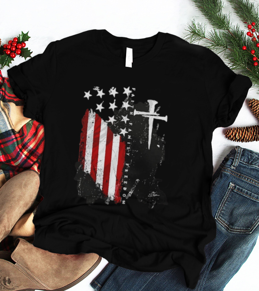 Faith Family Freedom Patriotic American Flag Cross T-Shirt