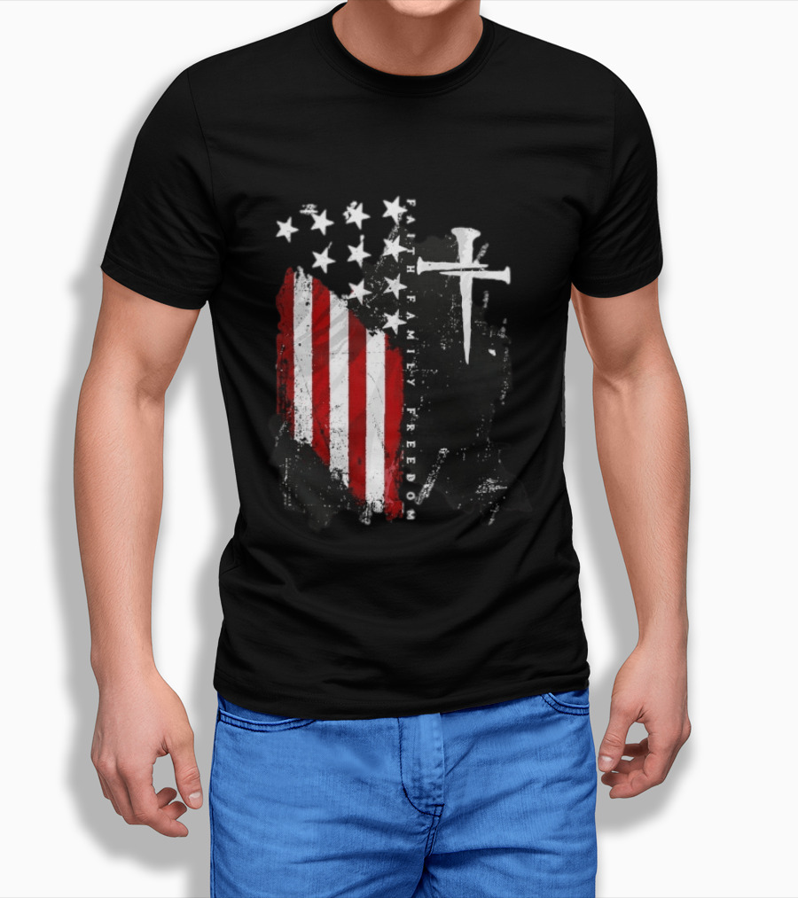 Faith Family Freedom Patriotic American Flag Cross T-Shirt