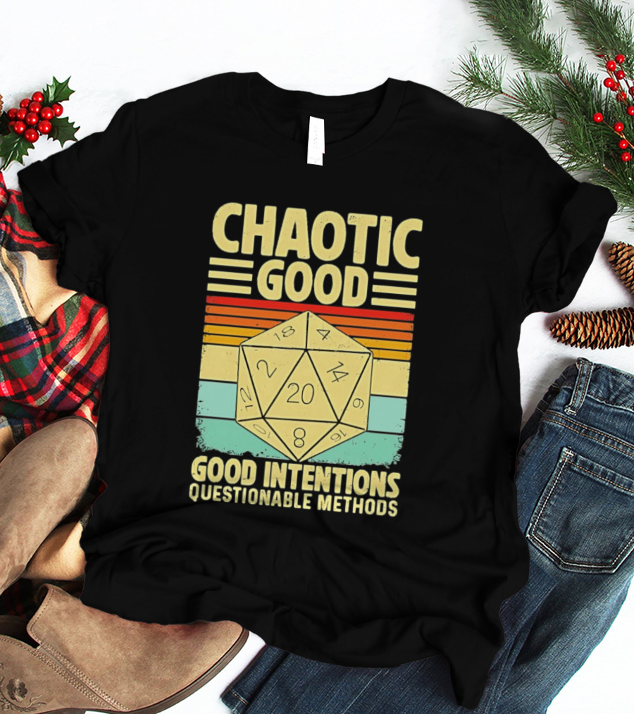 Chaotic Good D20 Good Intentions Questionable Methods Stripes T-Shirt