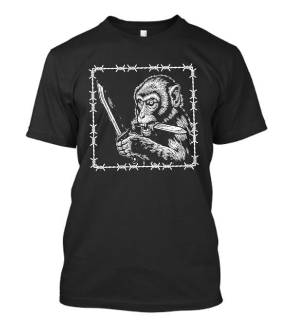 Monkey Holding Knife Barbed Wire Black And White Sketch T-Shirt