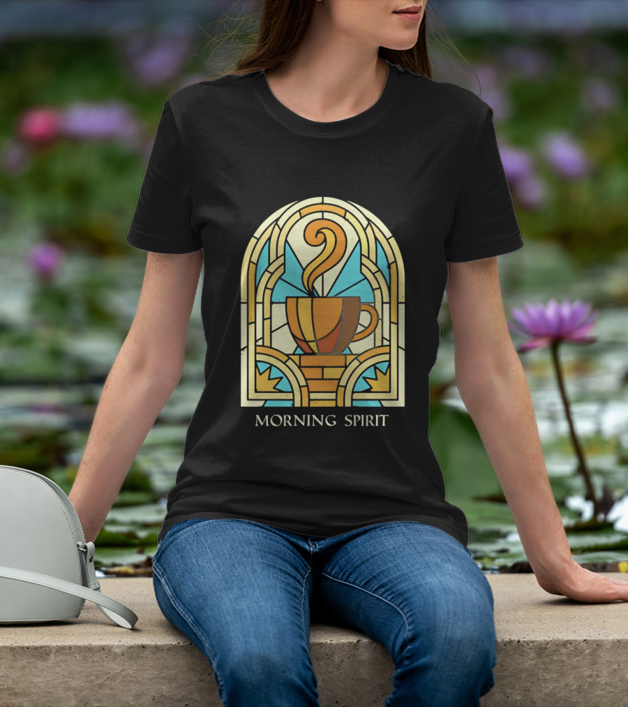 Morning Spirit Coffee Cup Stained Glass Art Deco T-Shirt