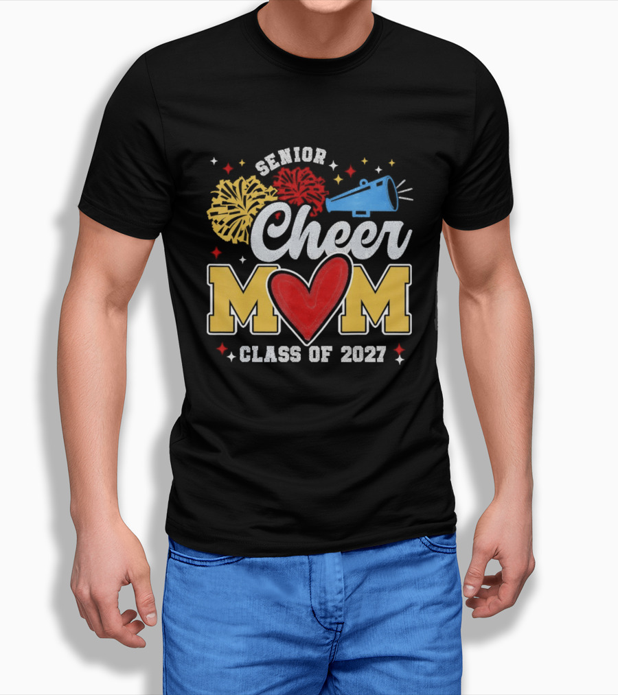 Senior Cheer Mom Megaphone Heart Pom Poms Class Of 2027 T-Shirt