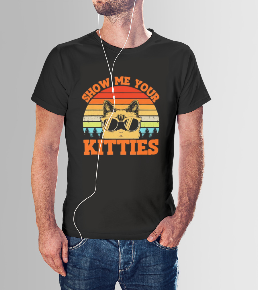 Show Me Your Kitties Cat Sunglasses Retro Sunset T-Shirt