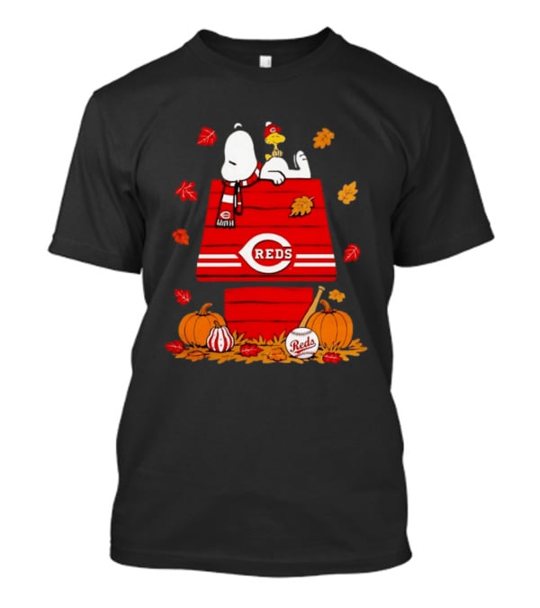 Snoopy Woodstock Cincinnati Reds Fall Baseball Pumpkins Leaves T-Shirt