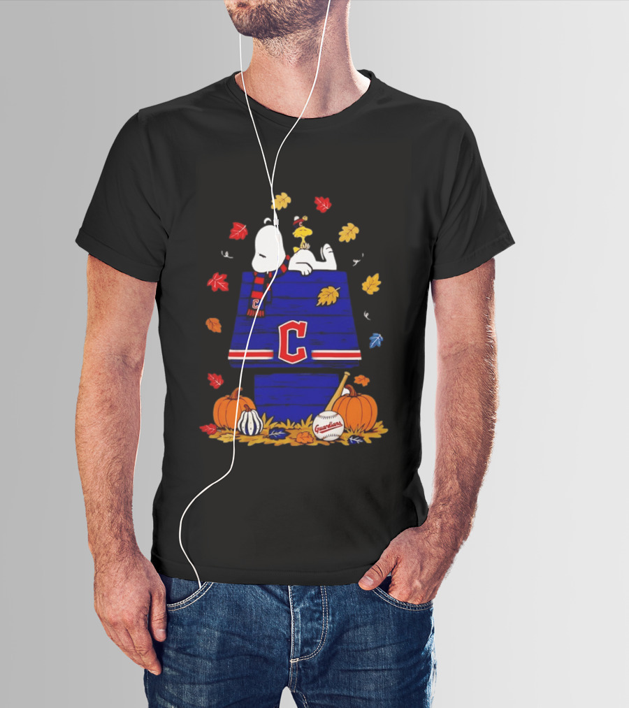 Snoopy Woodstock Cleveland Guardians Fall Baseball Pumpkins Autumn Leaves T-Shirt